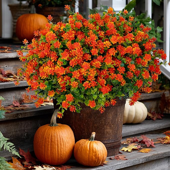 Artificial Fall Flowers Outdoor Fake Mums - 12 Bundles Fake Plants UV Resistant No Fade Faux Plastic Greenery Garden Porch Patio Fall Home Decor (Red Orange)