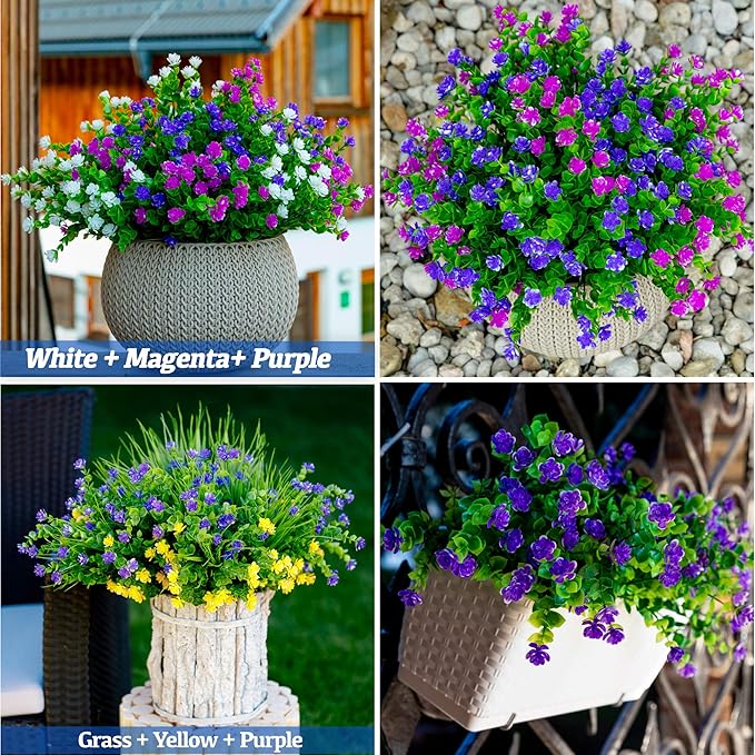 Artificial Flowers for Outdoors Fake Plants - 12 Bundles Faux Outside Greenery Boxwood No Fade Plastic Shrubs Fall Decor Farmhouse Home Garden (Purple)