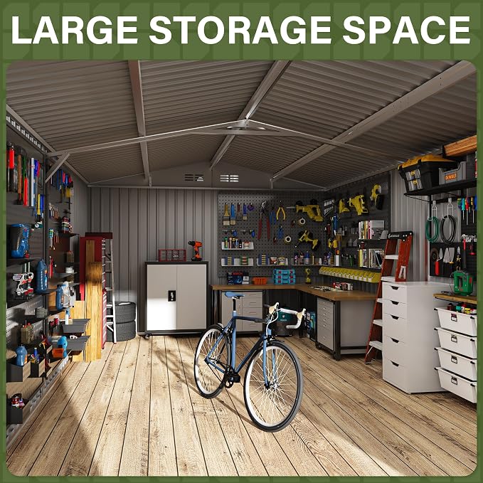 Polar Aurora 10x16 Outdoor Storage Shed, Garden Shed with Updated Frame Structure and Lockable Doors, Metal Tool Sheds for Backyard Garden Patio Lawn, White