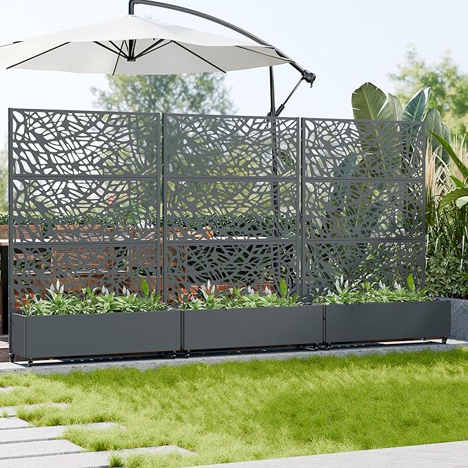 Casaphoria Metal Raised Garden Bed with Trellis and Wheels, 72"x47"x16" Planter Box for Climbing Plants, Vegetables & Vines, Features Drainage Holes and Privacy Screen, Drakgrey-Net