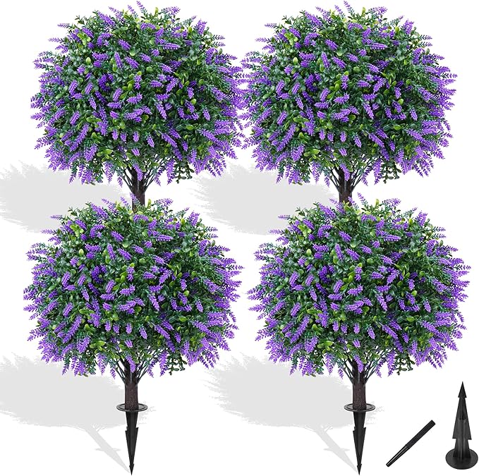 Grooy Artificial Boxwood Topiary Ball with Lavender, Set of 4 Artificial Shrub Bushes with Ground Spike, UV Resistant Fake Evergreen Plant Tree for Porch Outdoor Planters Indoor Valentine's Day