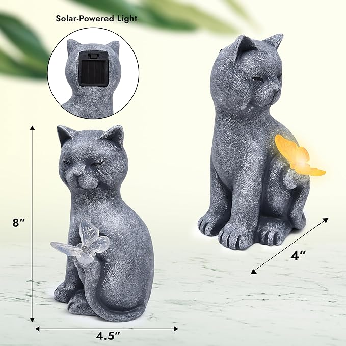 Gift Boutique Cat Outdoor Statues with Solar Butterfly Light Cute Garden Figurine for Yard Patio Lawn Pathway Decor Waterproof Resin Cat Sculpture