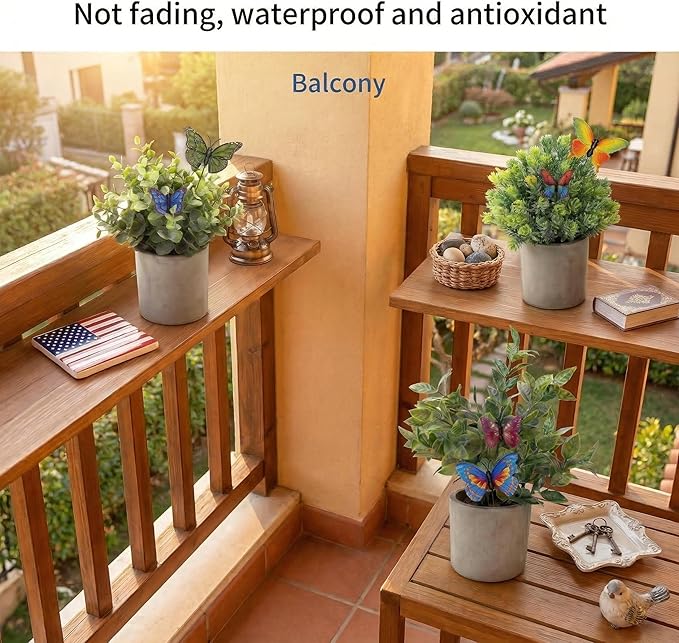 3 Pack Mini Potted Fake Plants Artificial Eucalyptus & Greenery Topiaries with 6 Butterflies,Artificial Plants for Shelf Desk Home Bathroom Farmhouse Room Coffee Table Decor