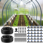 Meonum 65FT Greenhouse Watering System, Quick Connector Hanging Plant Watering System Automatic Mist Irrigation Kit with 1/4'' Blank Tubing, Two way Faucet Connector, Adjustable Misting Nozzle(2 Pack)
