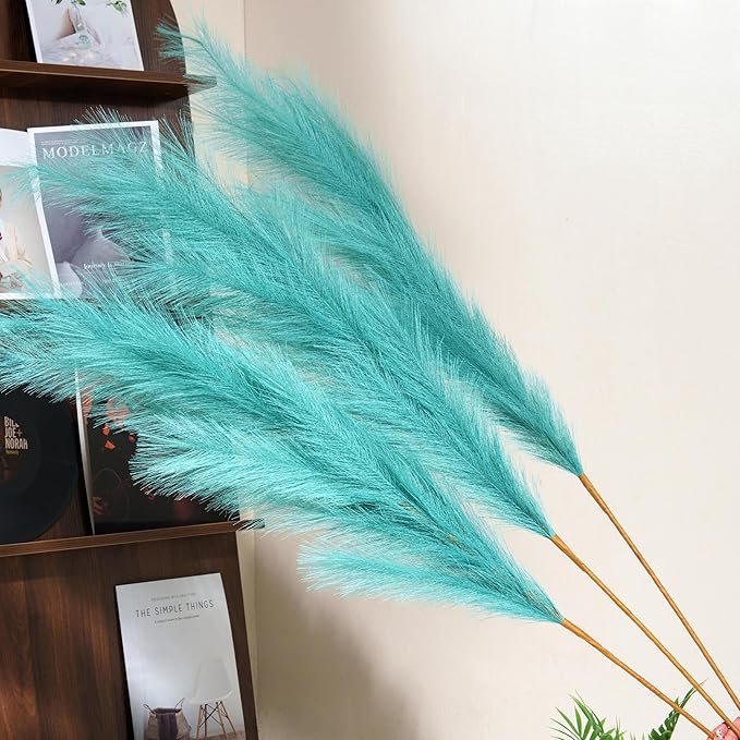 Premium Faux Teal Pampas Grass – 55" Tall Ultra-Fluffy 24-Branch One-Piece Stems No Assembly, Luxury Silk-Feel Feather Flowers for Boho Coastal Tropical Home Decor (Peacock Teal, 8 Stems)