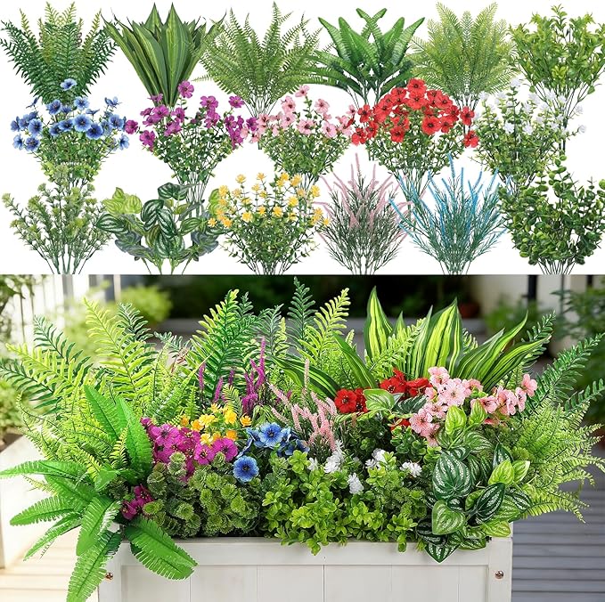 Alupssuc 24Pcs Artificial Flowers and Plants,UV Resistant & No Fade Fake Plastic Greenery Shrubs for Home Garden, Pathway, Front Porch-Spring Summer Decor, Indoor/Outdoor Use,Red Purple Pink Blue