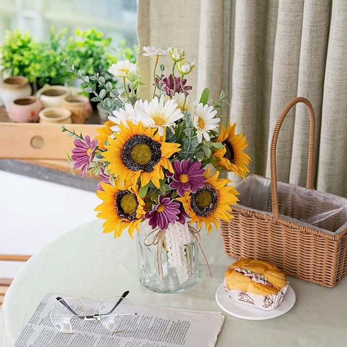Artificial Faux Flowers in Vase for Home, Fake Flowers Arrangment with Pot, Sunflower Silk Daisy Bouquet for Fall Spring & Summer Decor Coffee Table Dinning Room Kitchen Centerpiece Table Decorations