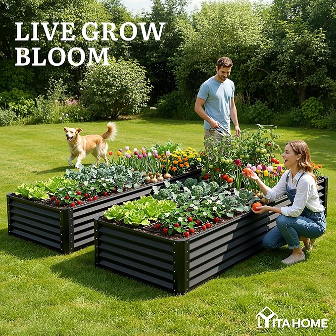 YITAHOME 6x3x1.5ft Large Raised Garden Bed Kit, Galvanized Metal Planter Box with Gloves, Support Rod, Outdoor Above Ground Planters for Plants, Vegetables, Flowers, Black