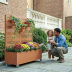 Casaphoria Metal Raised Garden Bed with Trellis and Wheels, 47"x47"x16" Planter Box for Climbing Plants, Vegetables & Vines, Features Drainage Holes and Privacy Screen, Brown-Harold