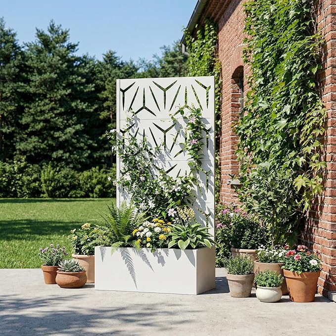 Casaphoria Metal Raised Garden Bed with Trellis, 59"x30"x12" Planter Box for Climbing Plants, Vegetables & Vines, Features Drainage Holes and Privacy Screen, White-Star