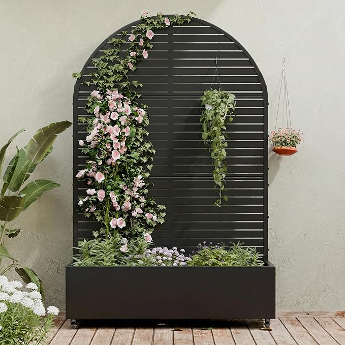Casaphoria Metal Raised Garden Bed with Trellis and Wheels, 72"x47"x16" Arched Planter Box for Climbing Plants, Vegetables & Vines, Features Drainage Holes and Privacy Screen (Black-Louvered)
