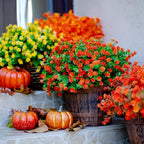Artificial Fall Flowers Outdoor Fake Mums - 12 Bundles Fake Plants UV Resistant No Fade Faux Plastic Greenery Garden Porch Patio Fall Home Decor (Red Orange)