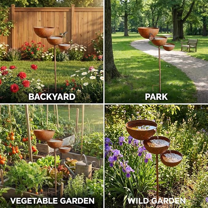 Metal Rainwater Collector Garden Stake, 3 Tier Cascading Bird Bath | 2026 New Outdoor Garden Decorative Flower Bed Rainwater Collector and Bee Watering Station 25inches 2pcs