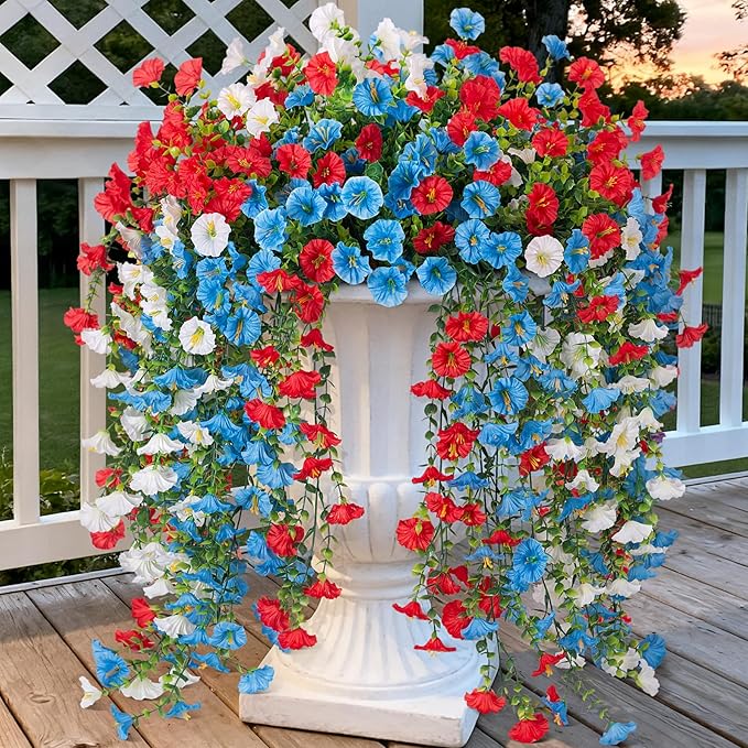 Artificial Hanging Petunias Flowers for Outdoor, 8pcs Fake Plants Long Vine Morning Glory Eucalyptus, UV Resistant Realistic Faux Greenery Outside Patio Porch Garden Spring Decor, Red Blue White