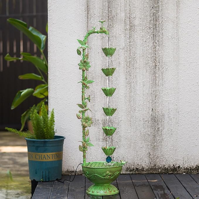 41" H Outdoor Tiered Water Fountain, Faucet-Shape Floor Standing Fountains with 6 Hanging Lotus Cups, Indoor Cascading Water Fountain Feature for Garden Yard Home Decor