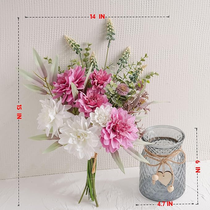 LUEUR Artificial Dahlia Flowers with Vase – Rose Red Faux Flower Arrangement, Romantic Floral Centerpiece Table Decorations for Coffee Table, Dining Room, Living Room & Farmhouse Spring & Summer Decor