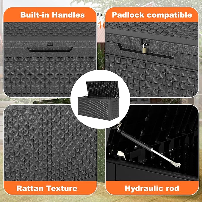 PatioZen 110 Gallon Resin Deck Box, Lockable Patio Outdoor Storage Box for Furniture, Garden Tools and Tools Storage, Waterproof Outside Storage Boxes - Patterned black