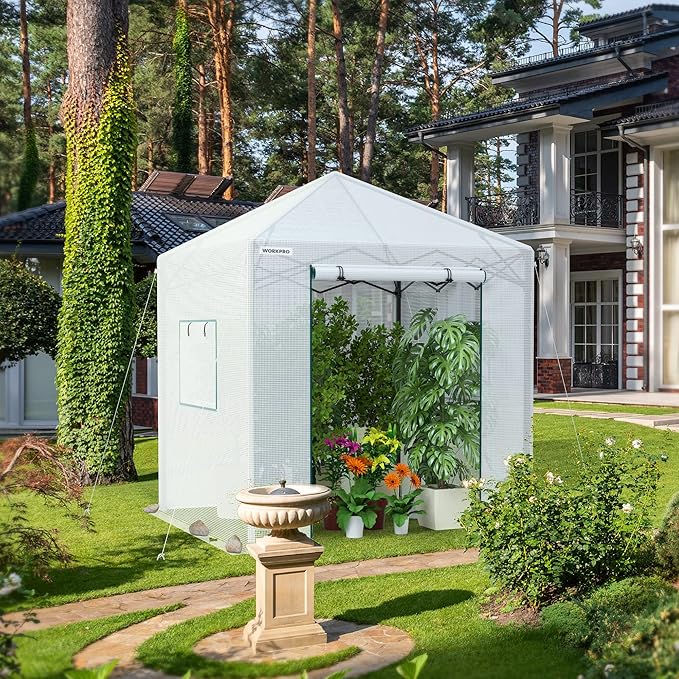 WORKPRO Greenhouse, 94”x 94”x 99” Pop-up Greenhouse for Outdoors , Heavy Duty Gardening House with Sturdy PE Cover, Roll-up Entry Doors and 2 Screen Windows, for Patio, Backyard, Balcony