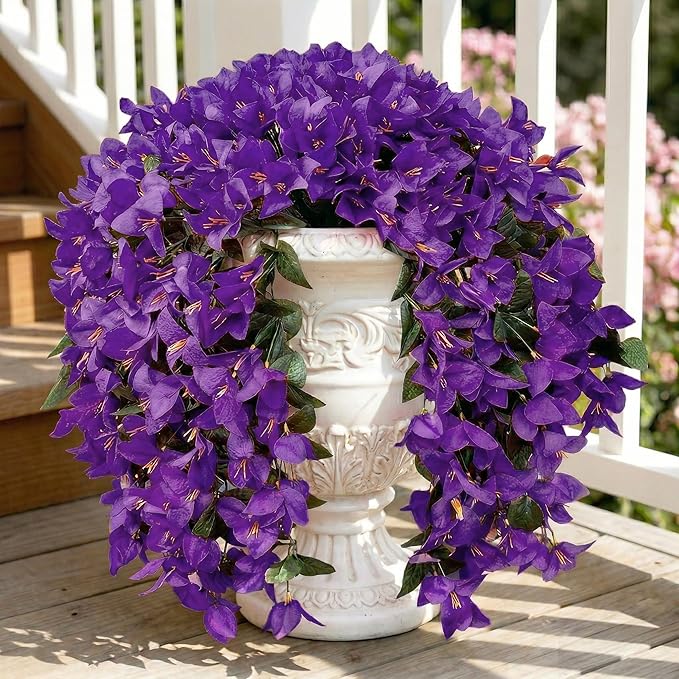 Artificial Flowers for Outdoors Fake Purple Bougainvillea Hanging Flower Decoration, 2Pcs Realistic Faux Silk Plants Long Trailing Vines, Spring Decor for Porch Patio Balcony Planter Yard