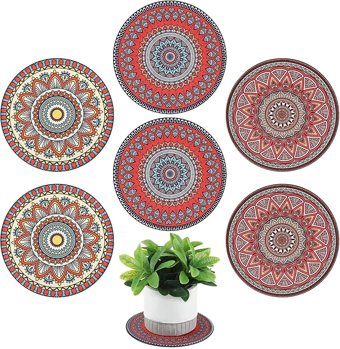 Nuanchu 6 Pcs Boho Plant Pot Mat Absorbent Non Slip Pot Plant Pad Round Plant Coaster Mat Gardening Indoor Outdoor Flower Plant Protect Mat for Table Desk Floor Plant, 5.9 Inches (Elegant Style)
