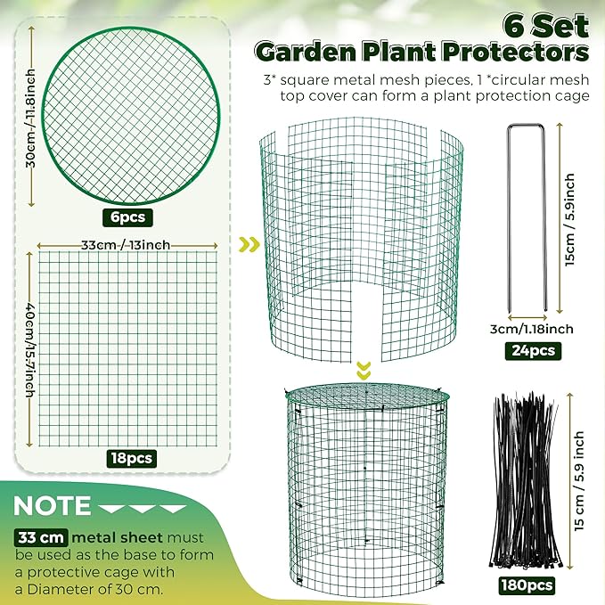 6 Pack Garden Plant Protectors from Animals with Stakes, Metal Mesh and Detachable Covers Wire Plant Cage for Keeping Bunny Animals Out, Chicken Wire Cover Garden Protect (16 * 13 in)