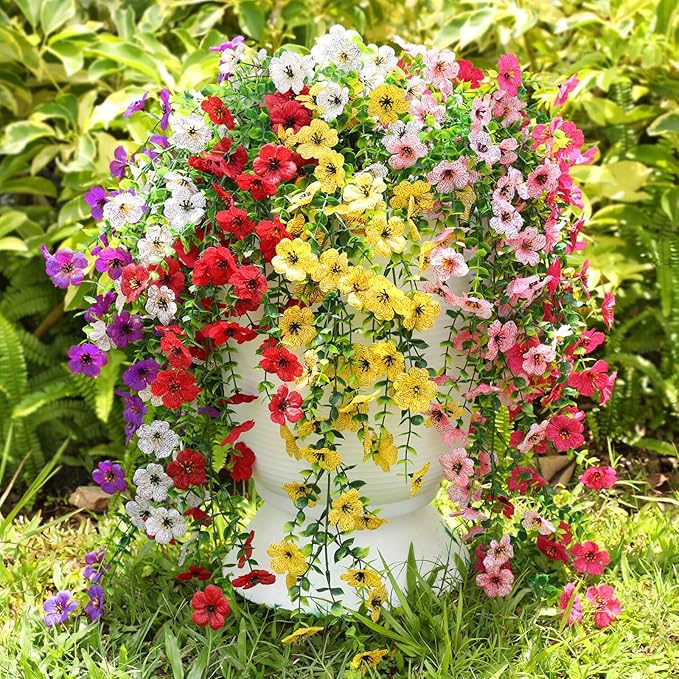 Artificial Flowers for Outdoors Spring Decor, 6 Bundles UV Resistant Realistic Faux Silk Hanging Flowers, Fake Plants for Planter Indoor Outside Garden Porch Patio Balcony Yard Farmhouse