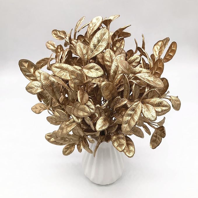 PASYOU Golden Fake Plants, Artificial Leaves Decoration for Christmas Flowers Grass Plastic Faux DIY Crafts Indoor Outdoor Home Garden Party Room Bedroom Wedding Table Centerpiece Decor, Gold 4 Pack