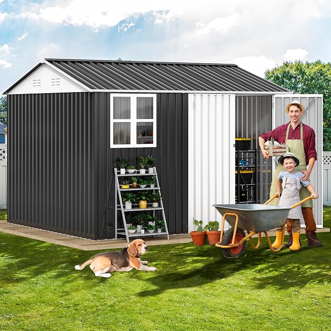 DWVO 10x8ft Metal Outdoor Storage Shed with Window, Lockable Tool Storage Sheds, Oversized Steel Garden Sheds with Sloped Roof for Backyard, Patio, Garage, Lawn (Gray + White)