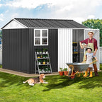 DWVO 10x8ft Metal Outdoor Storage Shed with Window, Lockable Tool Storage Sheds, Oversized Steel Garden Sheds with Sloped Roof for Backyard, Patio, Garage, Lawn (Gray + White)