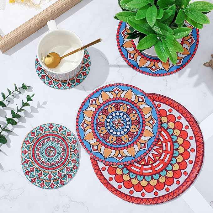 Nuanchu 6 Pcs Boho Plant Pot Coasters 3 Sizes 3.94" 5.9" 7.87", Rubber Absorbent Non-Slip Pot Plant Round Mat Gardening Indoor Outdoor Flower Protect Mat for Table Desk Floor, Colorful
