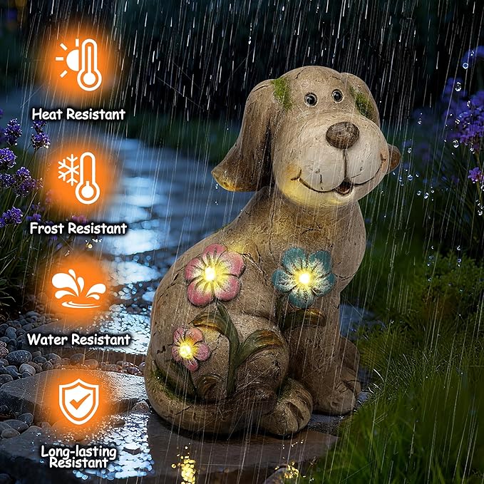 Smadeer Solar Dog Garden Statue with Light, Cute Outdoor Dog Decoration for Yard, Patio, Lawn Balcony, Animal Figurines Housewarming Gardening Gift, Crafted Gifts for Mom Women