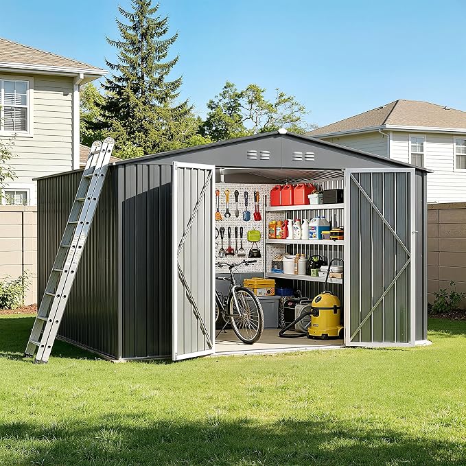 10 x 12FT Sheds & Outdoor Storage, Dark Grey Metal Waterproof Storage Shed with Door and Lock Outdoor Shed,All-Weather Shelter for Bike, Gardening Tools, Lawn Mowers
