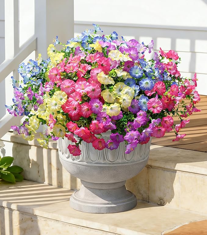 Artificial Flowers Fake Plants for Outdoors Decoration, 12 Bundles Silk Morning Glory with Eucalyptus Realistic UV Resistant Faux Flowers for Outside Planter Porch Yard Patio Garden Home Indoor, Mix