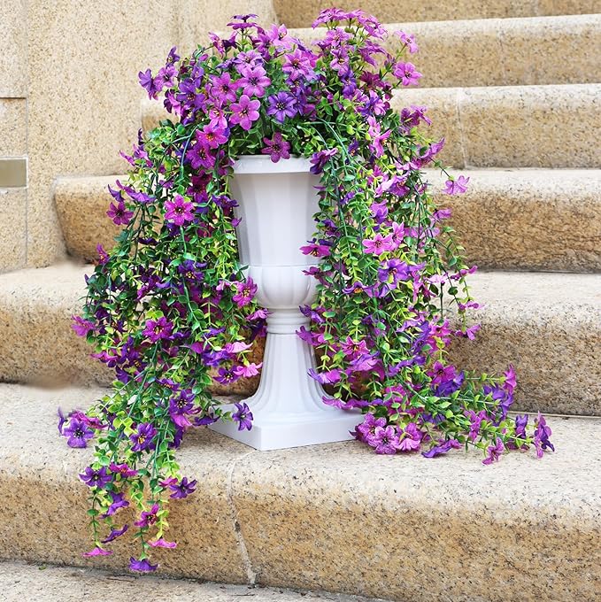 Artificial Hanging Flowers for Outdoors, 4 Pack Fake Hanging Plant for Spring Summer Decor, UV Resistant Faux Silk Flower for Planter Front Door Porch Patio Yard Garden (Double Purple)