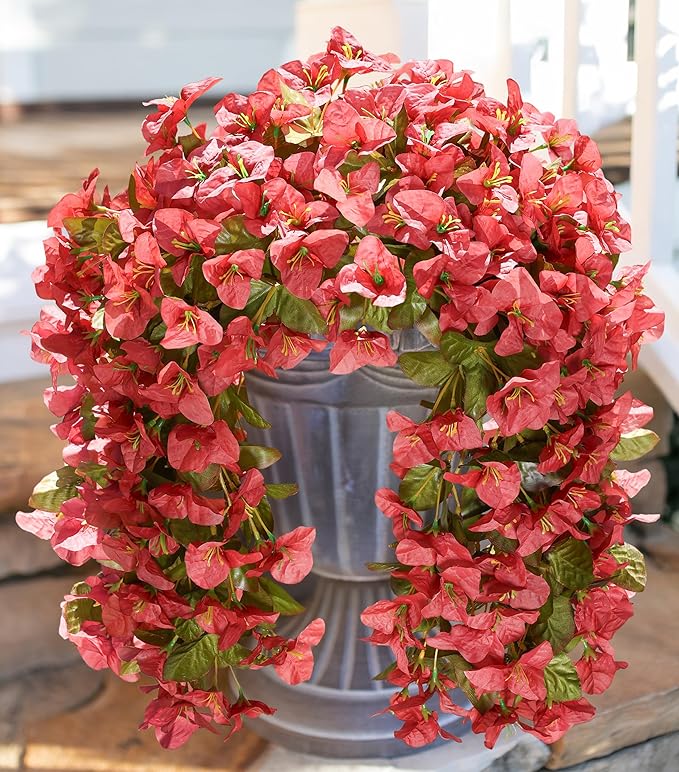 HyeFlora Bougainvillea Artificial Hanging Flowers Plants for Outdoors Decoration, 2pcs Faux Bougainvillea Vines Red Fake Flowers Realistic UV Resistant Silk Flowers for Outside Planter Yard Urn Patio