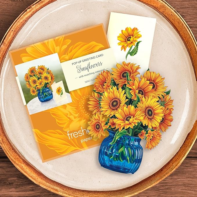Freshcut Paper Pop Up Cards, Mini Sunflowers (Set of 2), 6 Inch Mini Sized Forever Flower Bouquet 3D Popup Greeting Card, Birthday Cards, Thank You Card, Blank Notecard & Envelope