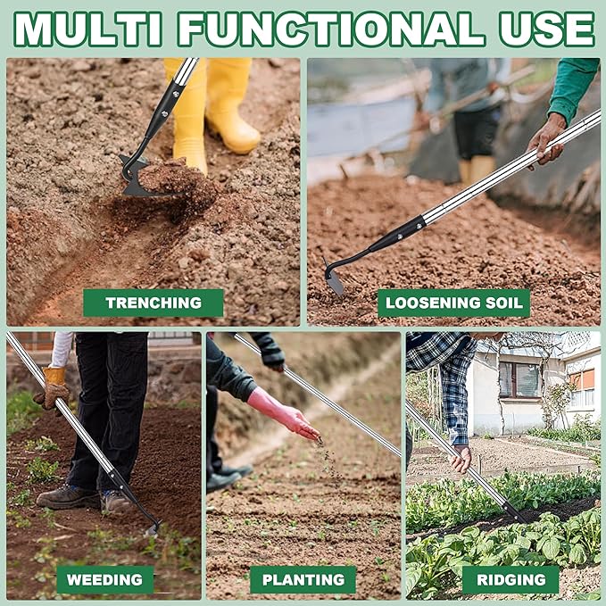 YEELOR Warren Hoe, Carbon Steel Triangle Garden Hoe with Stainless Steel 57" Adjustable Long Handle, Heavy Duty Gardening Hand Tools Hoe for Ridging Weeding Digging Loosening Edging Soil, Balck