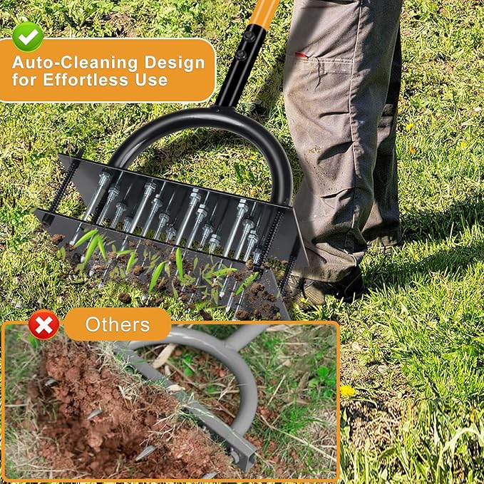 Manual Lawn Aerator Tool with 16 Steel Spikes, Adjustable T-Handle Hand Aerator Lawn Tool with 4-Spring Self-Cleaning Design for Soil Loosening & Grass Root Growth in Lawn, Garden & Backyard