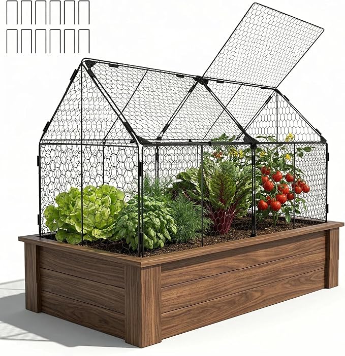 Decoroca 4x2ft Chicken Wire Plant Protectors - Crop Cage with Flip-Top&10 Ground Stakes, Outdoor Plant Protection Cage Keep Animals Out of Your Vegetable Garden - Suitable for 4x2ft Raised Garden Bed