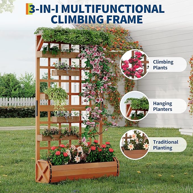 GarveeLife 67" h Raised Garden Bed with Trellis & Roof - Wooden Planter Box with Drainage, Freestanding Outdoor Garden Box for Climbing Vines, Vegetables, Flowers - Perfect for Yard, Patio, Balcony