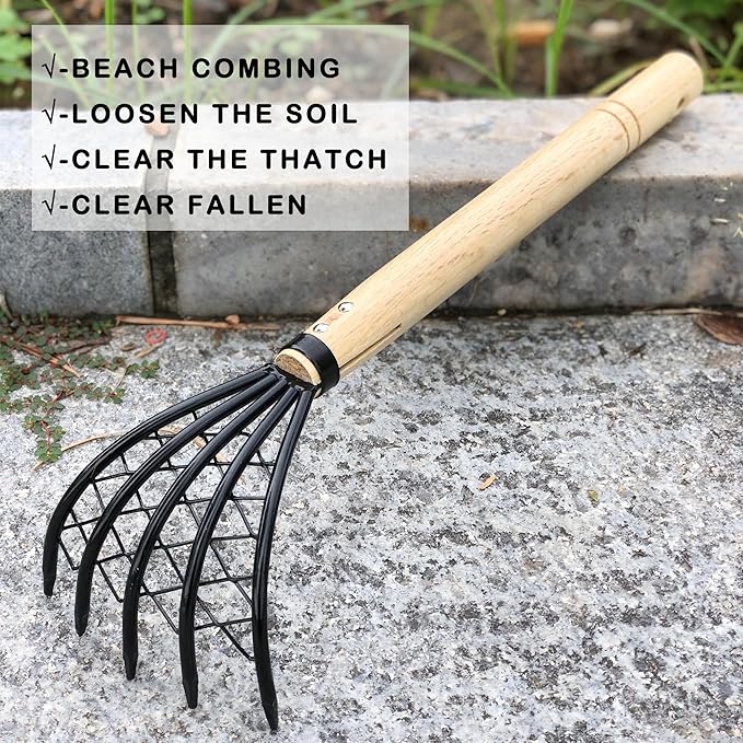 SHANFEEK Garden Rake 5-Claw Landscape Dethatcher Thatching Beach Combing Rake for Digging Clam Shell Defoliation Hoe Garden Tool for Loosen The Soil (Orange)