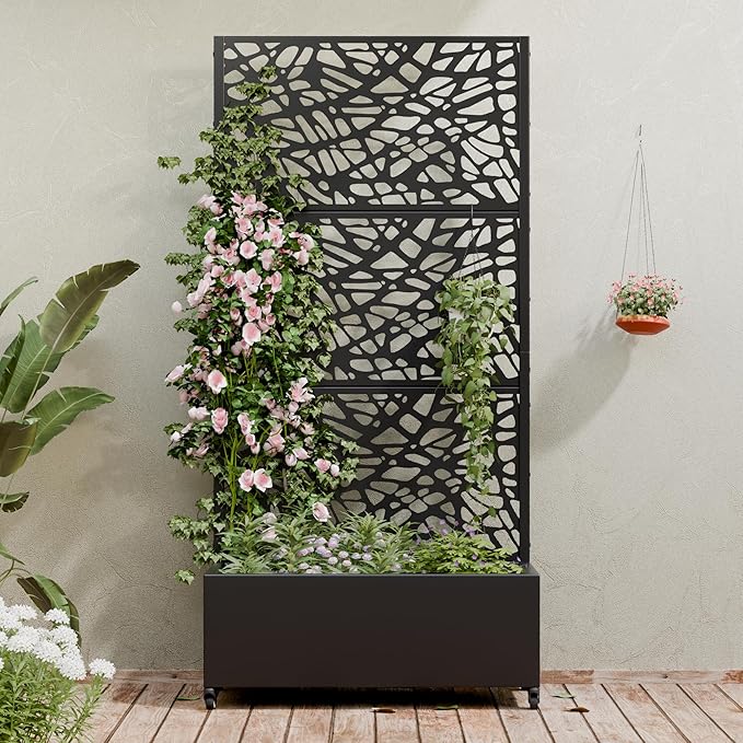 Casaphoria Metal Raised Garden Bed with Trellis and Wheels, 72"x35"x16" Planter Box for Climbing Plants, Vegetables & Vines, Features Drainage Holes and Privacy Screen (Black-Net)