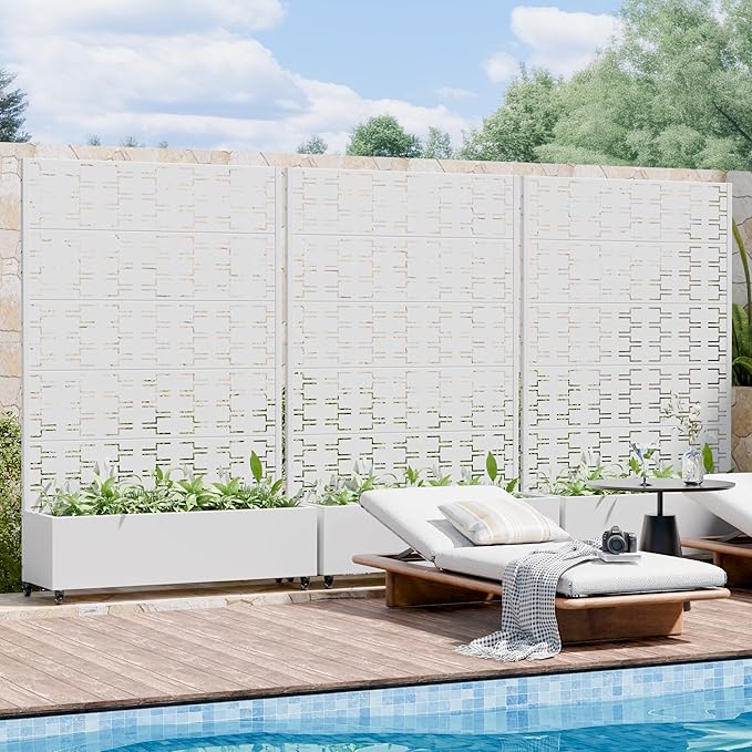 Casaphoria Metal Raised Garden Bed with Trellis and Wheels, 72"x47"x16" Arched Planter Box for Climbing Plants, Vegetables & Vines, Features Drainage Holes and Privacy Screen, White-Brick