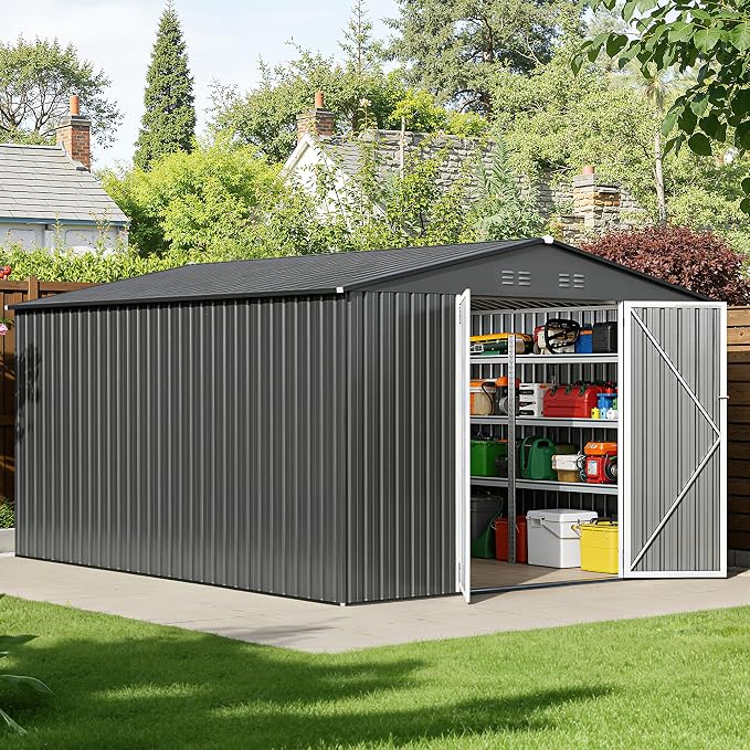 10 x 12FT Sheds & Outdoor Storage, Dark Grey Metal Waterproof Storage Shed with Door and Lock Outdoor Shed,All-Weather Shelter for Bike, Gardening Tools, Lawn Mowers
