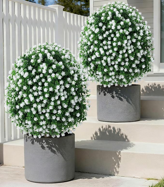 27'' Artificial Topiary Plants for Outdoor 2 Pack Artificial Topiary Trees with Stable Metal Ground Spike Fake Bushes Shrubs for Outside Garden Front Porch Landscape Walkway, White Lotus