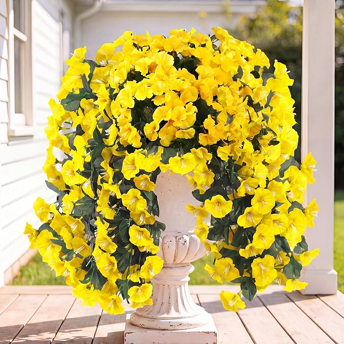 Sggvecsy Artificial Fake Hanging Flowers Plants for Outdoor Outside Spring Summer Decoration 4PCS Faux Silk UV Resistant Realistic Morning Glory Trailing Vines for Home Porch Patio Balcony(Yellow)