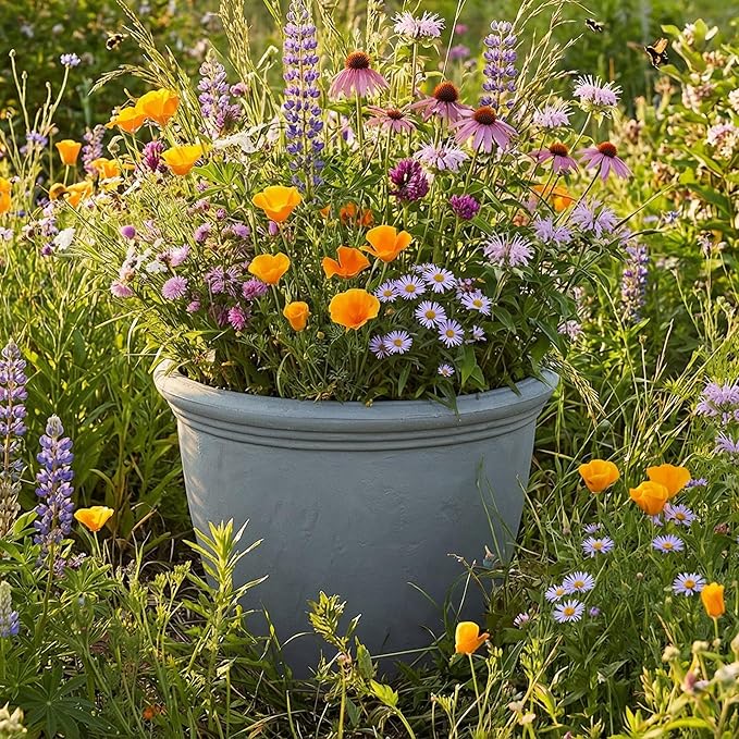 Sunnydaze 24-Inch Anjelica Large Plastic Pot for Plants - Outdoor Double-Walled Large Plastic Planter with Drillable Drainage Holes - Light Gray - 2pk