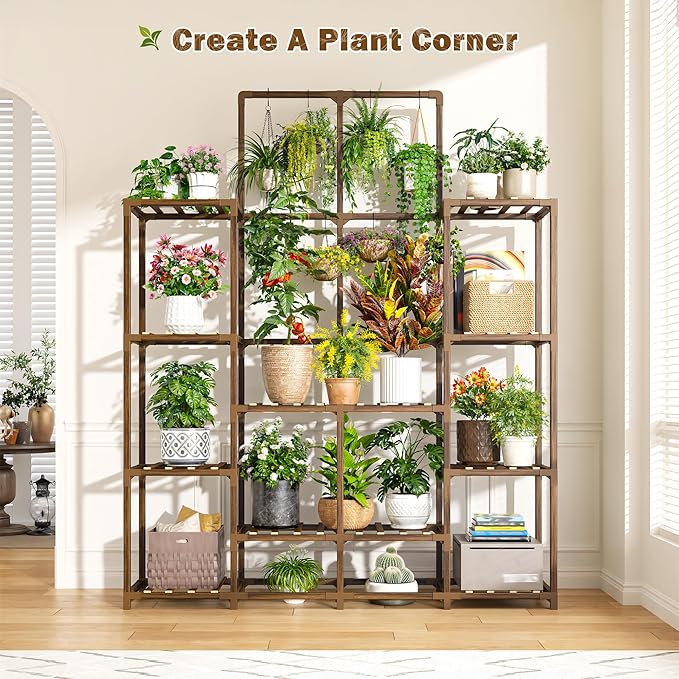 EnHomee Plant Stand Indoor Tall Plant Stand Outdoor Large Wood Plants Shelf with 16-18 Pots for Patio, Living Room, Garden, Balcony, 45" Wx62.1 Hx11.78 D