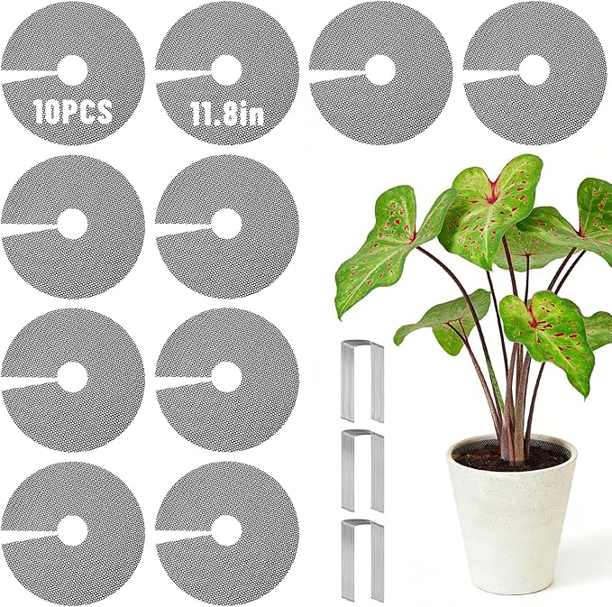 Pack Plant Pot Grids, 11.8" Trim-to-Fit Plant Pot Soil Covers Protectors from Animals,Plant Pot Soil Guard for Indoor Outdoor Plant Protection with Metal Stakes (10, Black)