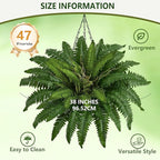 38In Artificial Boston Ferns Bush, Set of 2 Large Faux Ferns Plants, 47 Branches Fake Ferns for Home Living Room Decor, Indoor and Outdoor